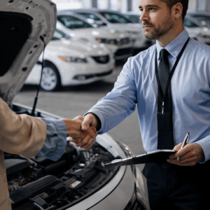 Automotive fleet inspector shaking hands with a client in front of a white sedan with the hood open in an indoor parking lot