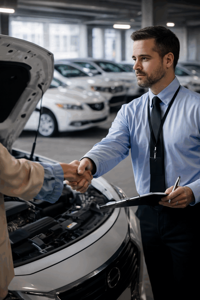 Inspecteur de flotte automobile serrant la main d’un client devant une berline blanche capot ouvert dans un stationnement intérieur