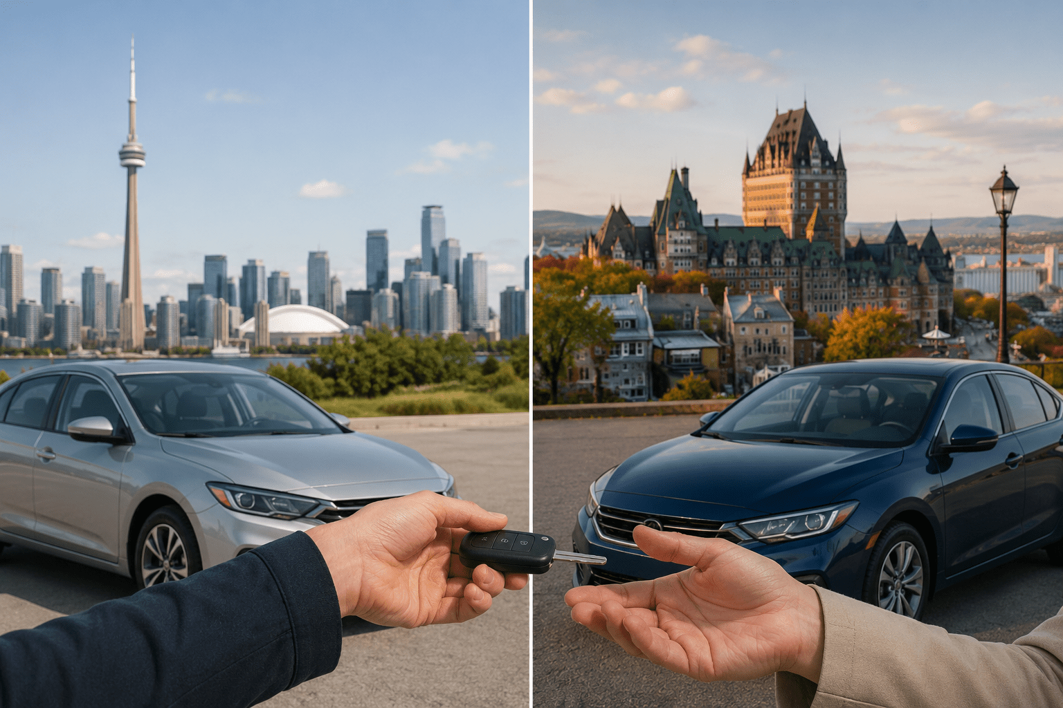 Used car purchase comparison between Ontario and Quebec with two moderns cars and city skylines in the background