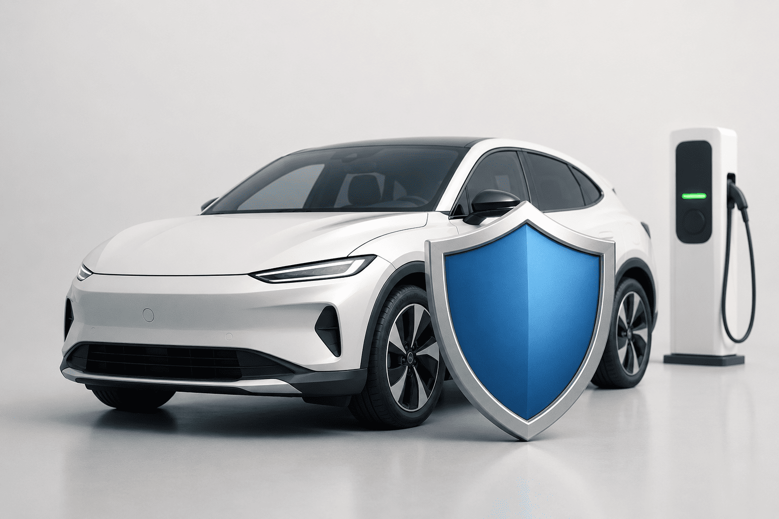 SUV électrique blanc avec un bouclier de protection devant une borne de recharge représentant une garantie prolongée automobile.
