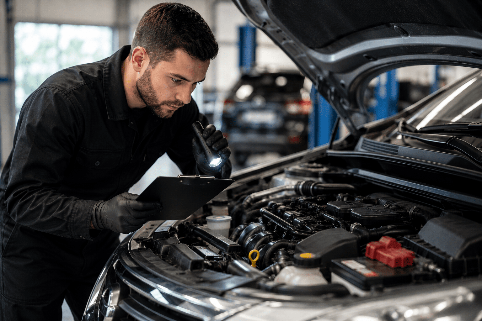 Mécanicien réalisant une inspection automobile sous le capot d'un véhicule dans un garage professionnel avant achat