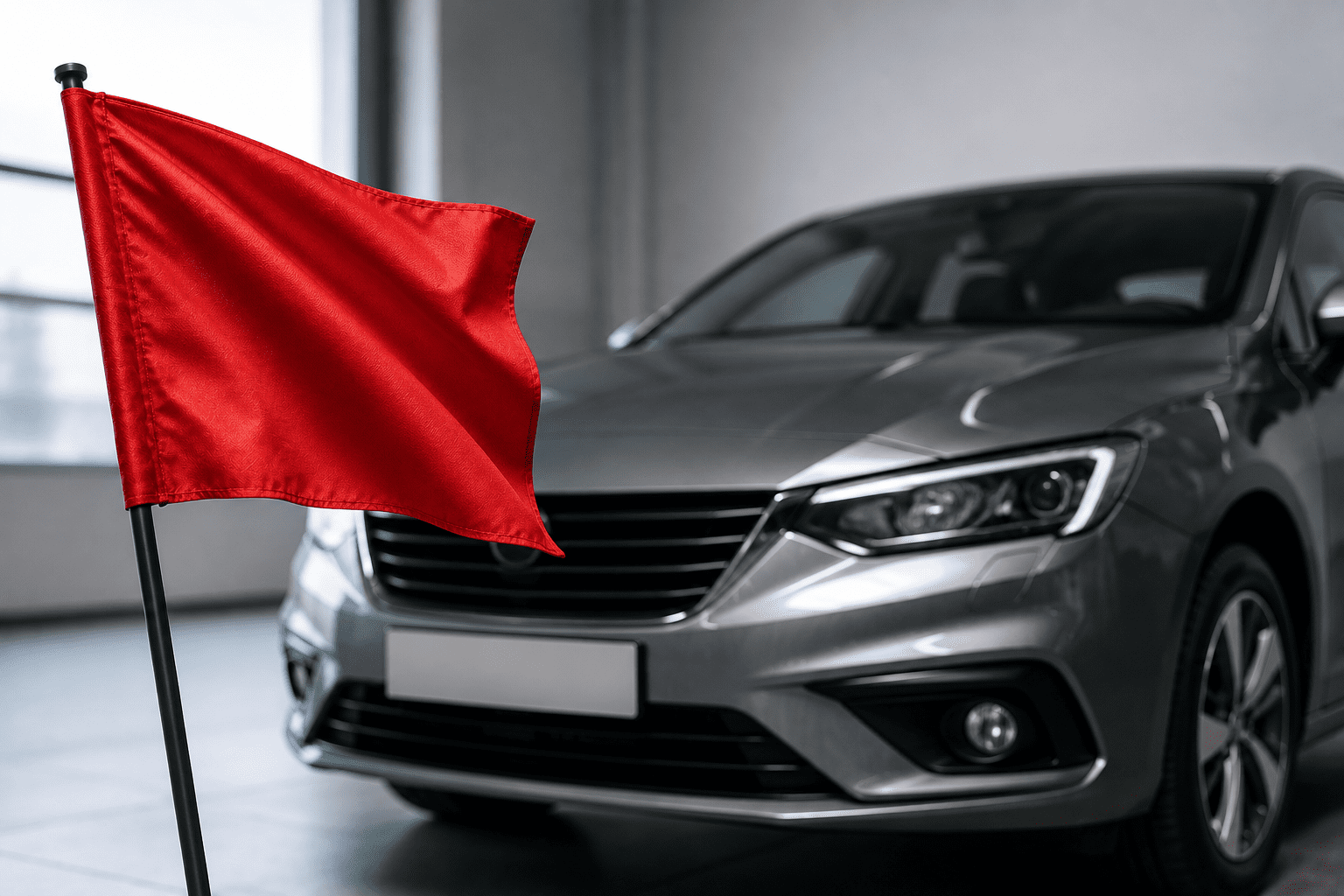 Drapeau rouge devant une voiture grise dans un garage moderne symbolisant les signes d’alerte à vérifier avant l’inspection d’un véhicule.