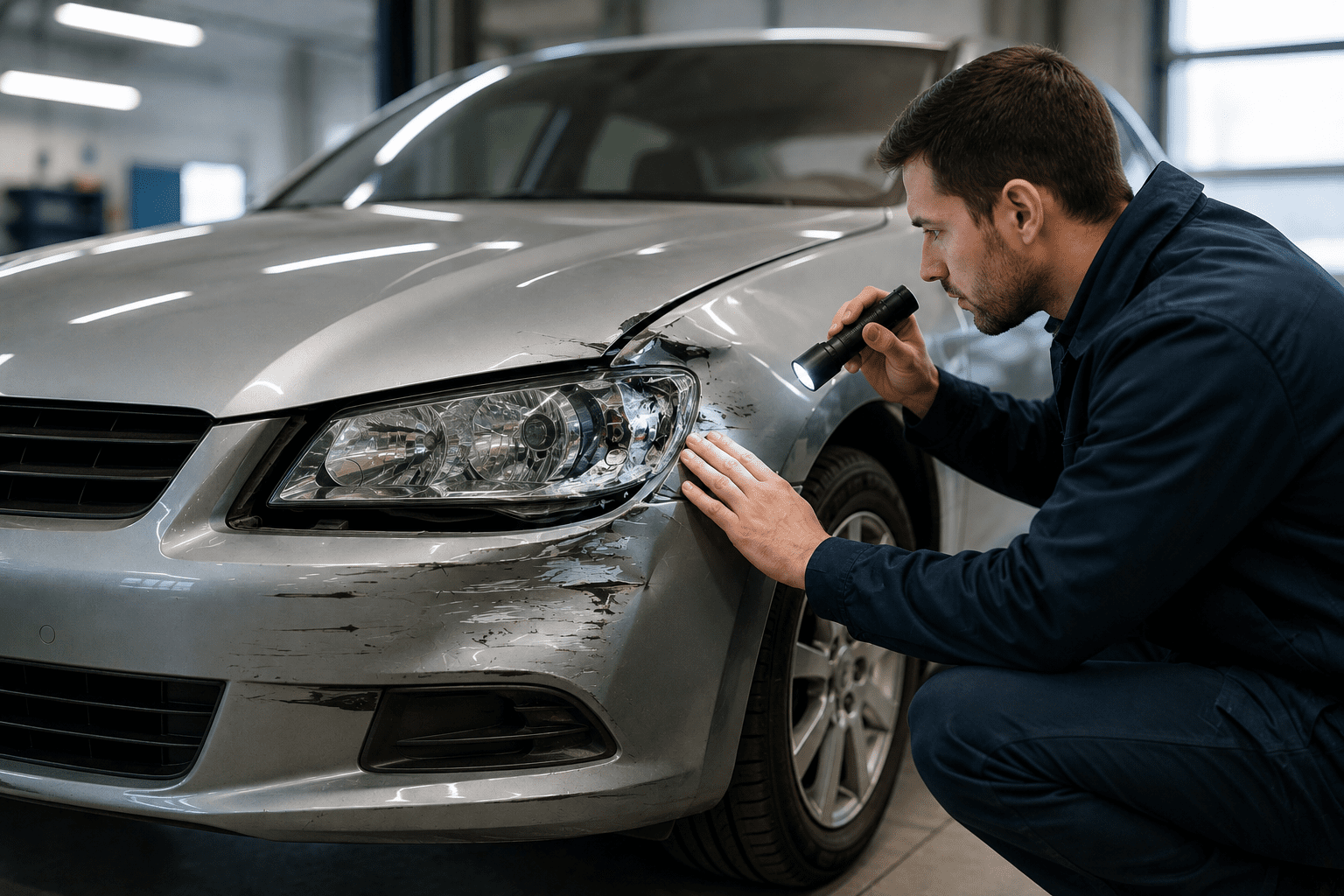 Inspecteur automobile examinant les dommages et l’alignement d’une voiture grise avant un achat.