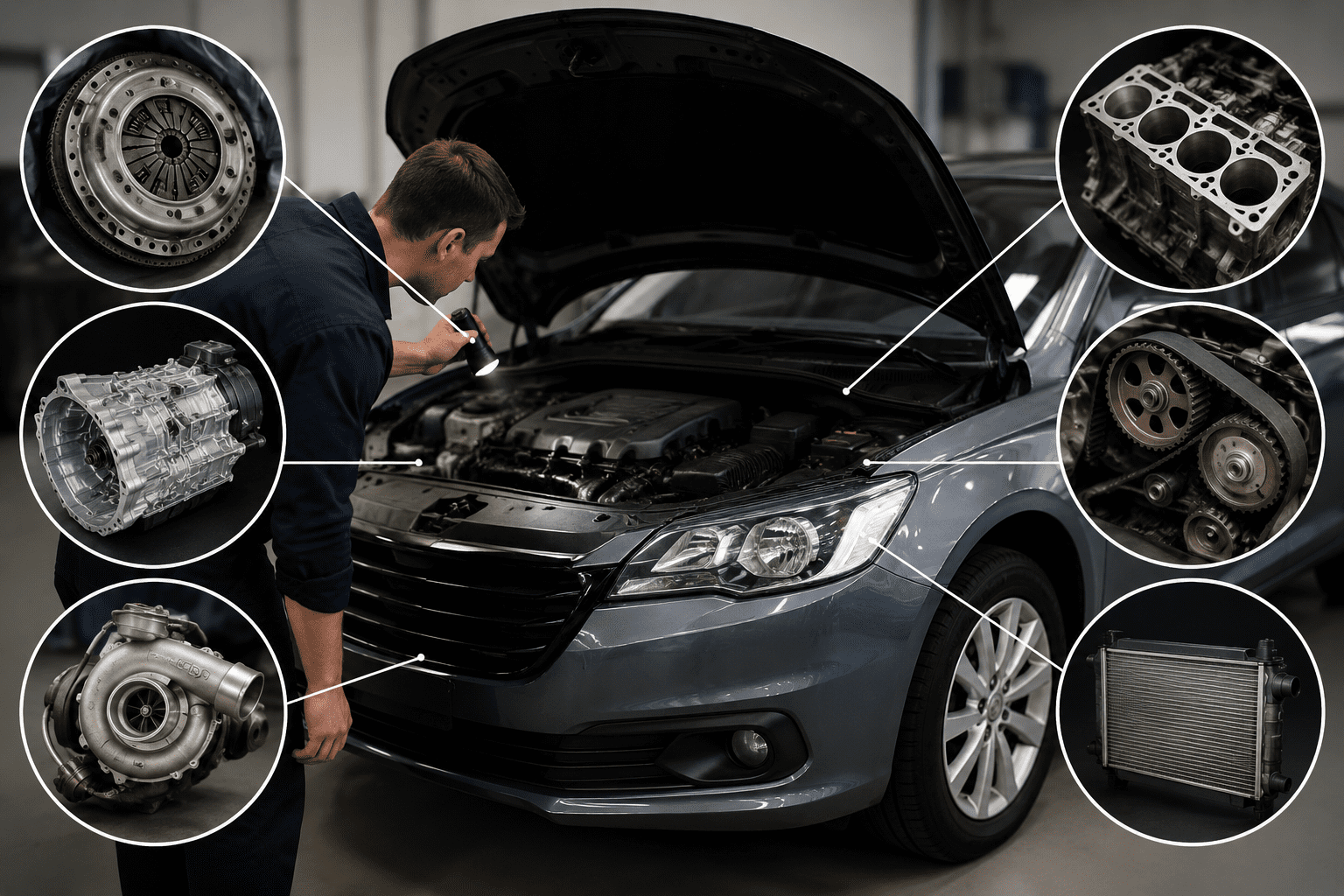 Mécanicien inspectant le moteur d’une voiture usagée avec plusieurs pièces mécaniques coûteuses mises en évidence autour du véhicule.