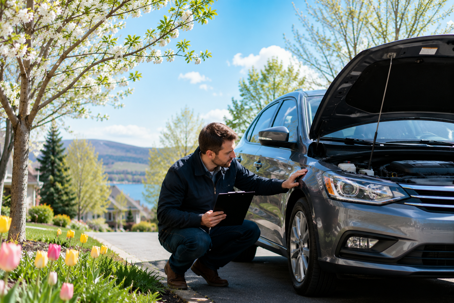 Inspection professionnelle d’un véhicule usagé au printemps au Québec avec arbres en fleurs et ambiance lumineuse.