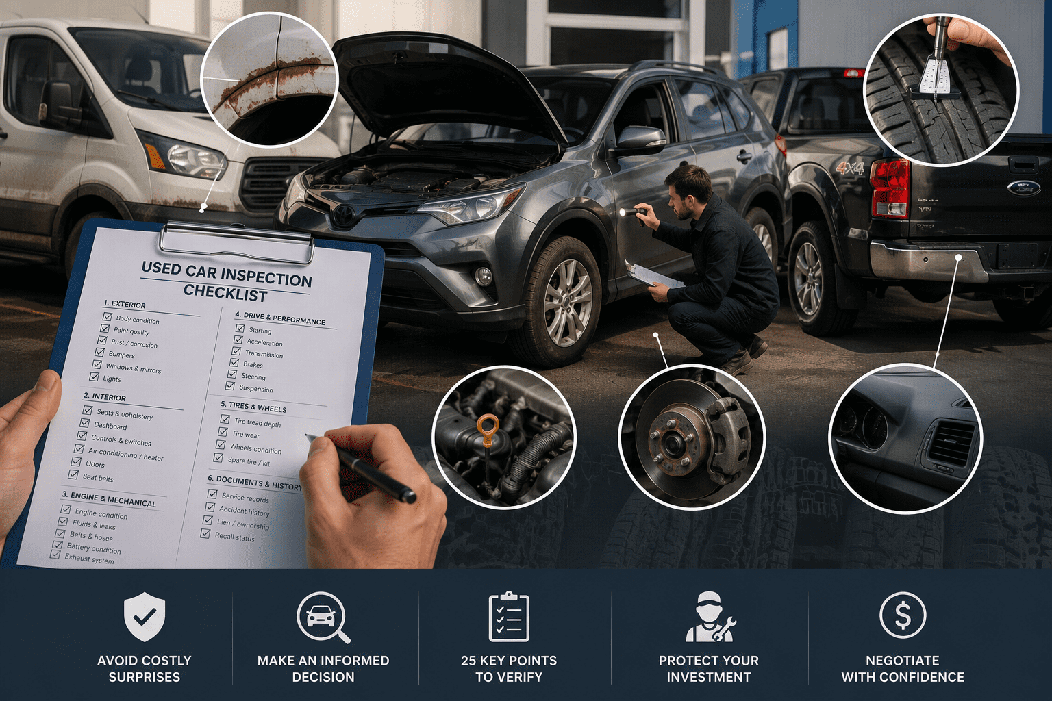 Inspection détaillée d’un véhicule usagé au Canada avec liste de vérification complète, incluant l’examen de la carrosserie, des pneus, des freins et des composants mécaniques avant achat.