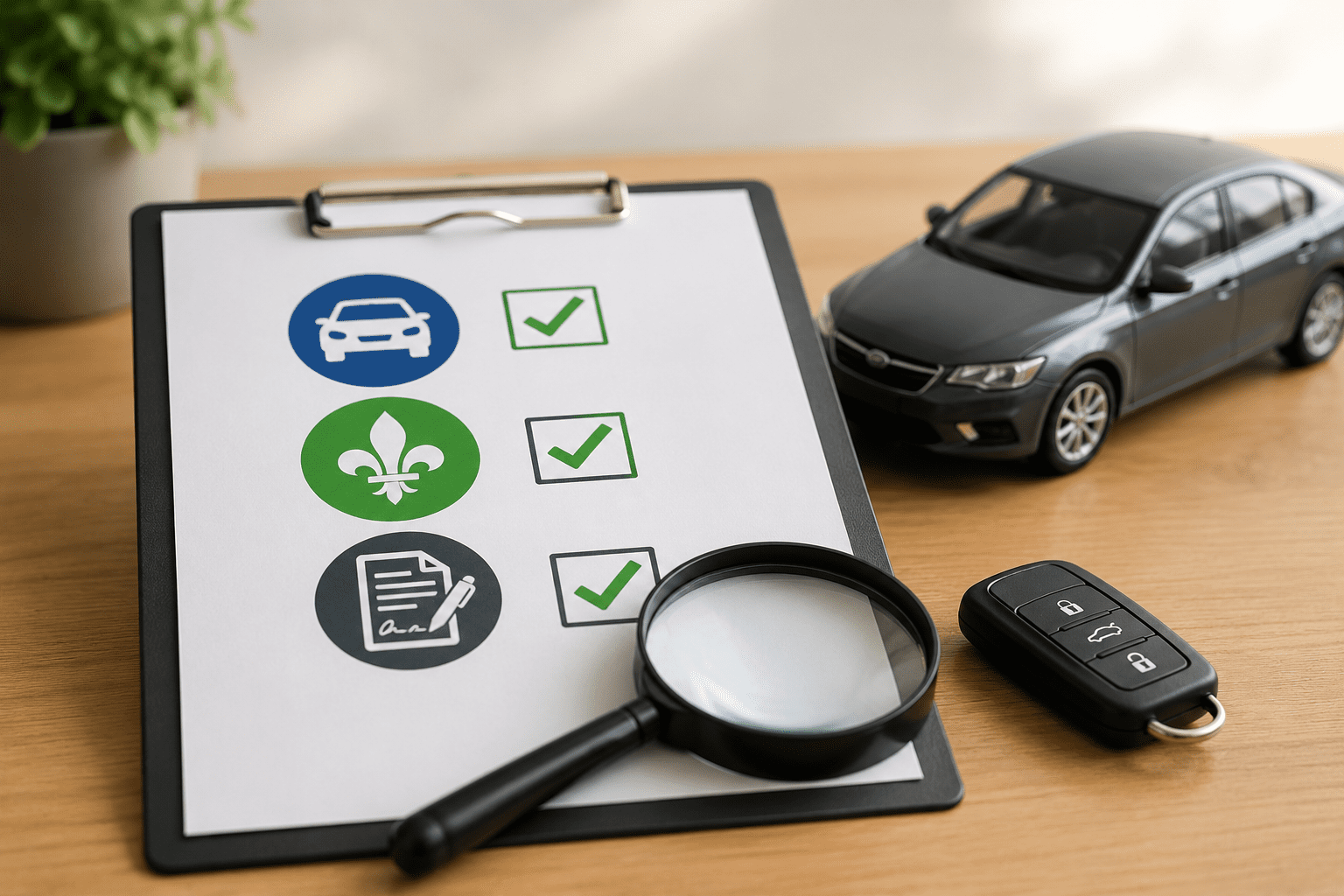 Inspection de l’historique d’un véhicule usagé au Québec avec dossier de vérification, loupe et voiture sur bureau