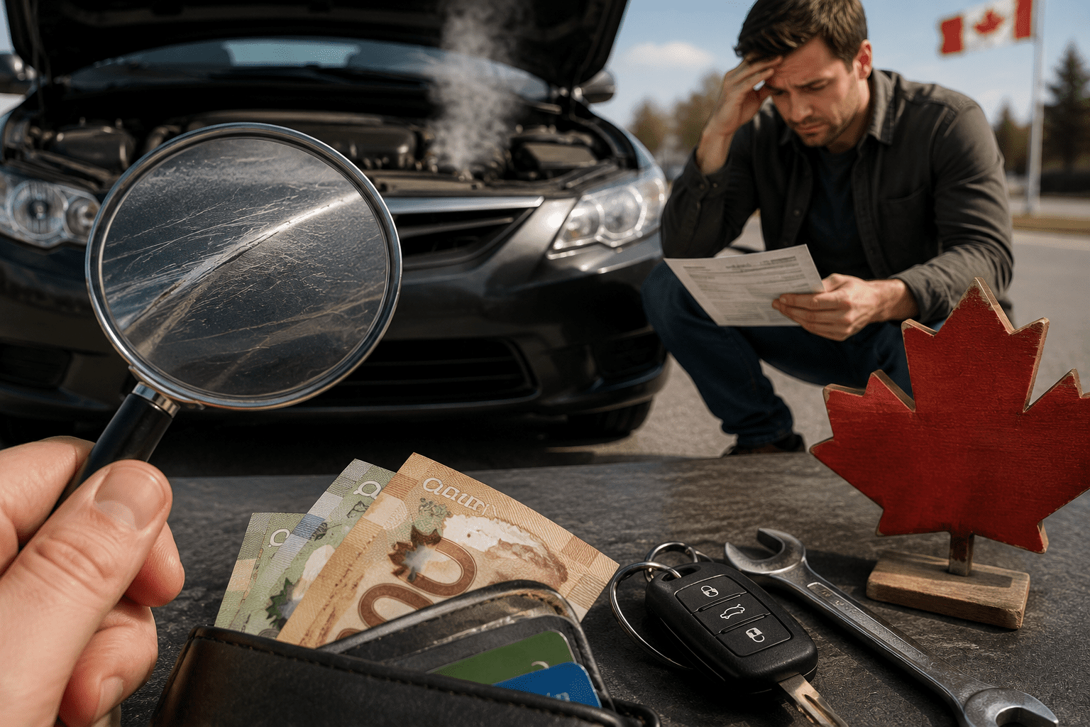 Acheteur inquiet devant une voiture usagée en panne avec capot ouvert, fumée moteur et billets canadiens illustrant les coûts cachés d’un véhicule non inspecté au Canada.