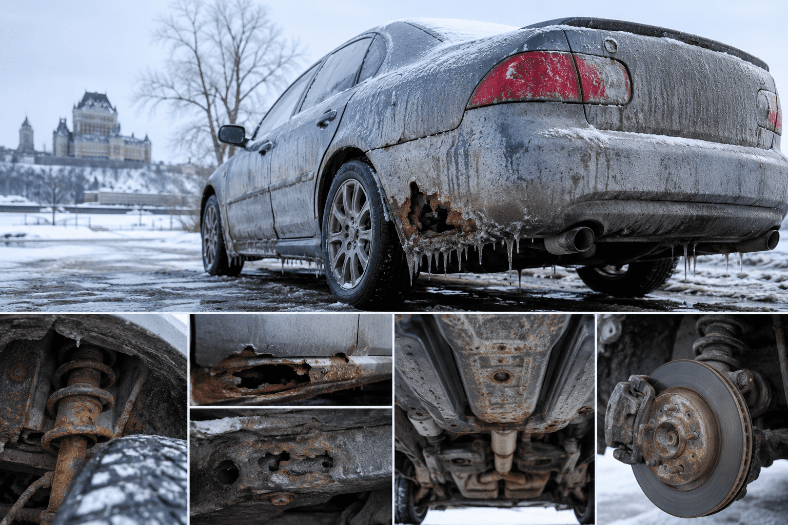 Used car covered in snow and road salt in Quebec winter with visible rust on the body, brakes, and undercarriage.
