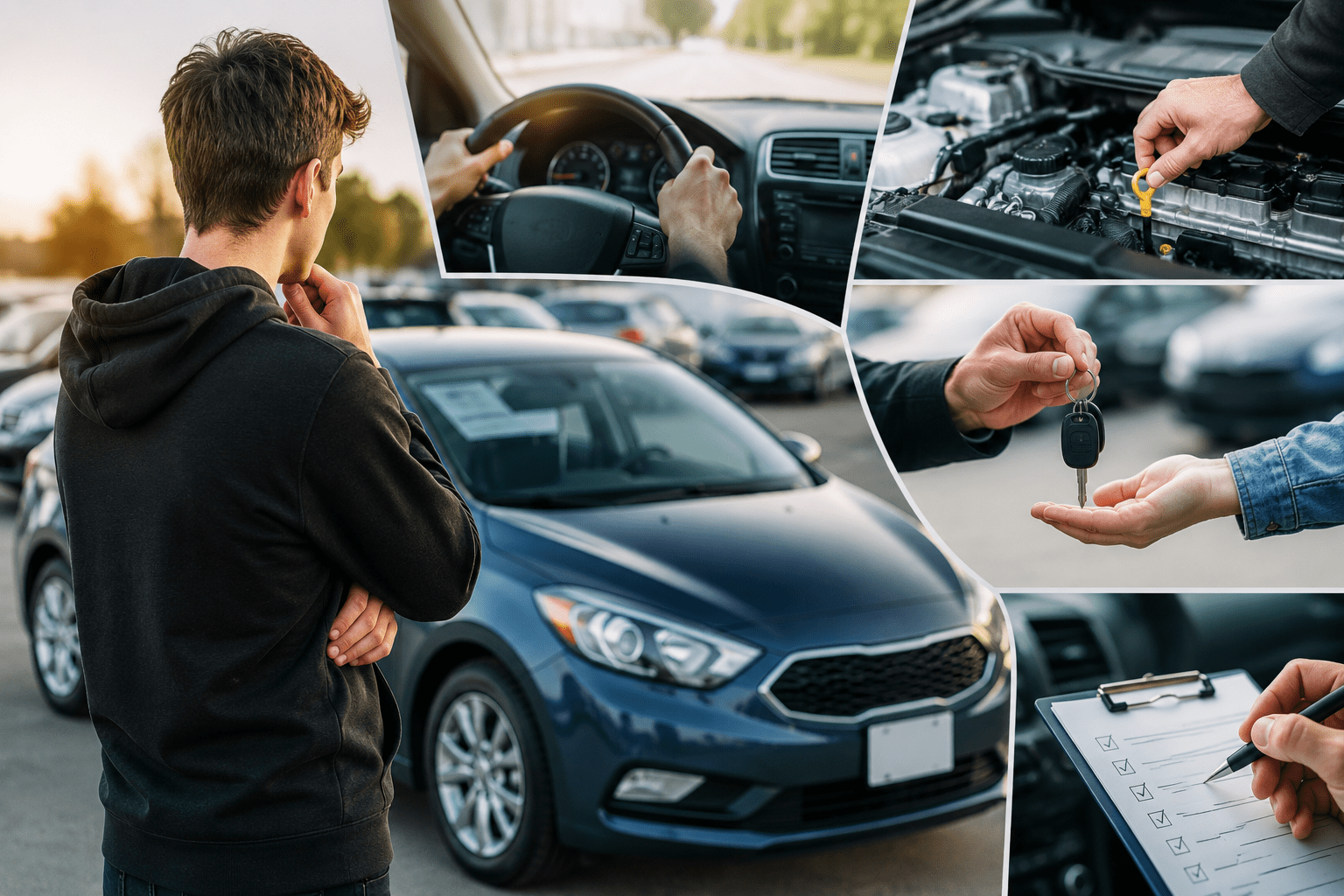 jeune acheteur inspectant une voiture usagée avec différentes étapes d'achat et d'inspection automobile