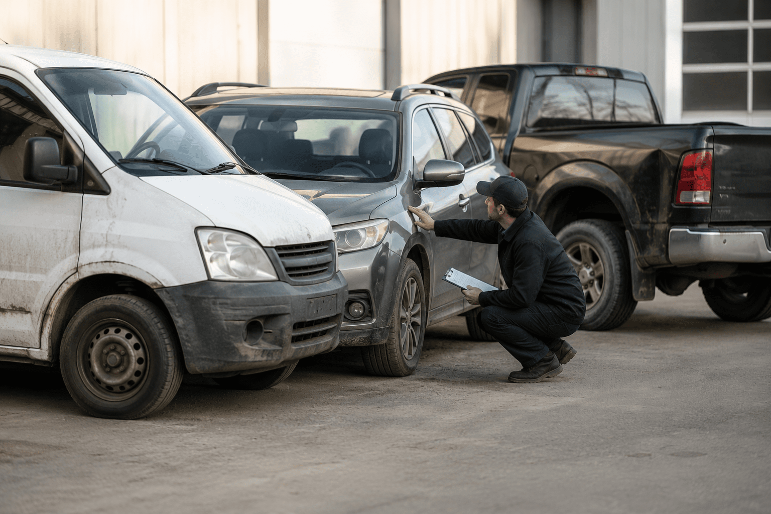 Inspecteur automobile effectuant l’inspection d’une camionnette, d’un VUS et d’un pickup usagés dans un stationnement au Québec avant achat.