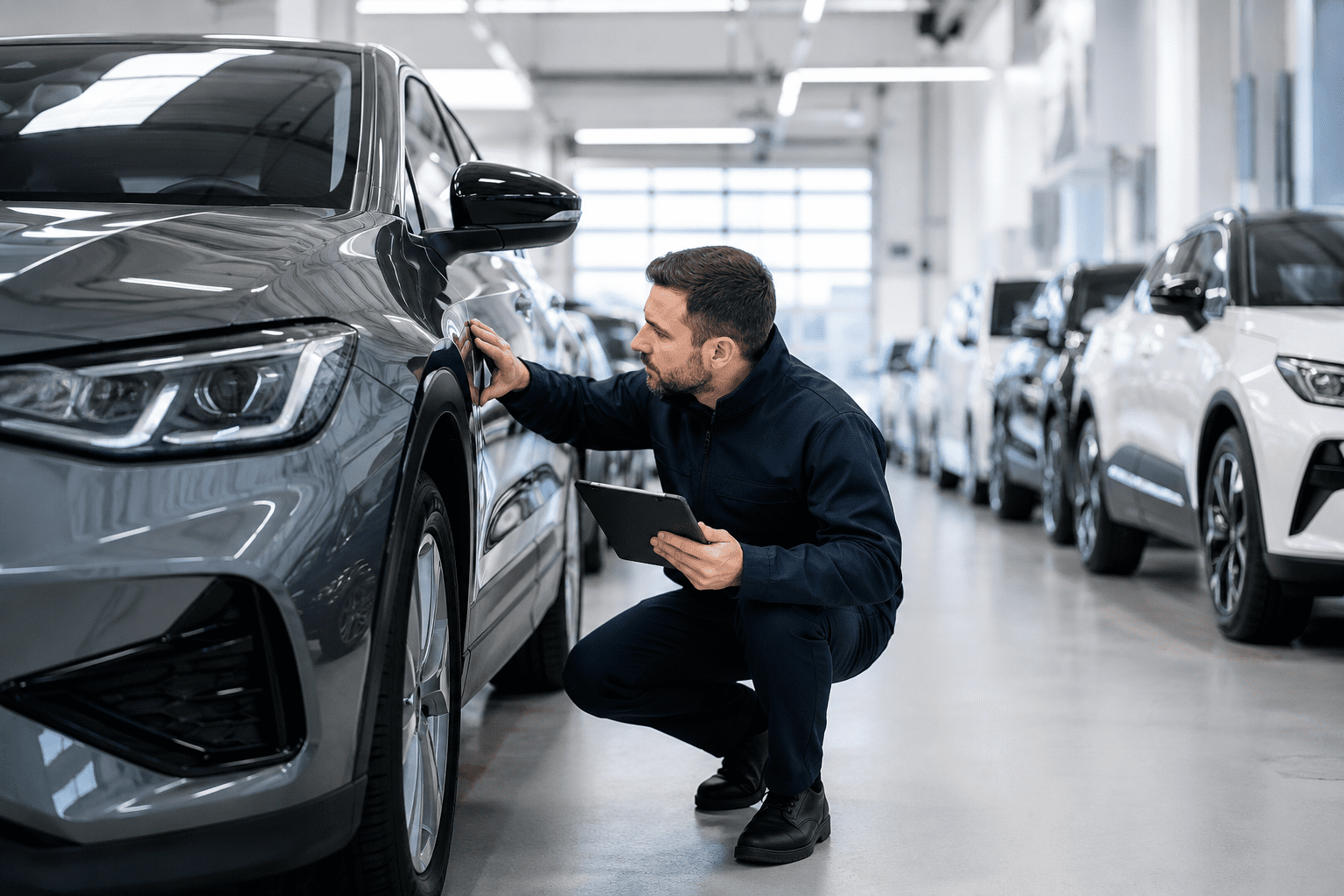 Inspecteur automobile examinant un VUS dans un centre de véhicules corporatifs avec plusieurs véhicules de flotte alignés en arrière-plan.