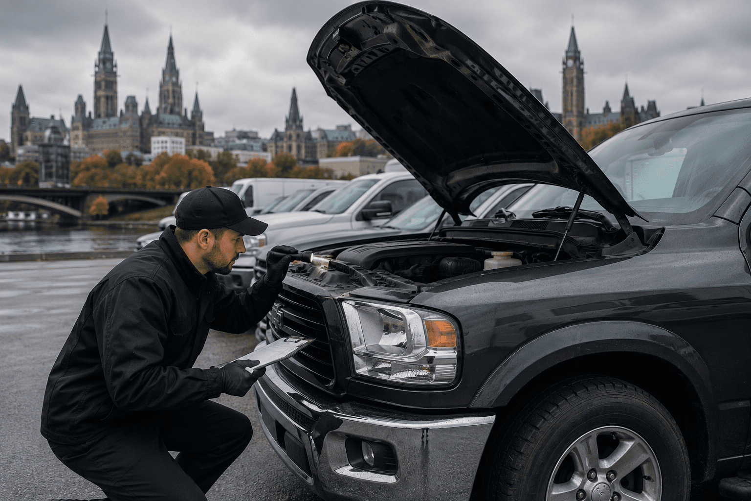 Mechanic performing a pre-purchase inspection on a pickup truck in Ottawa, checking the engine and documenting findings before a business vehicle purchase.