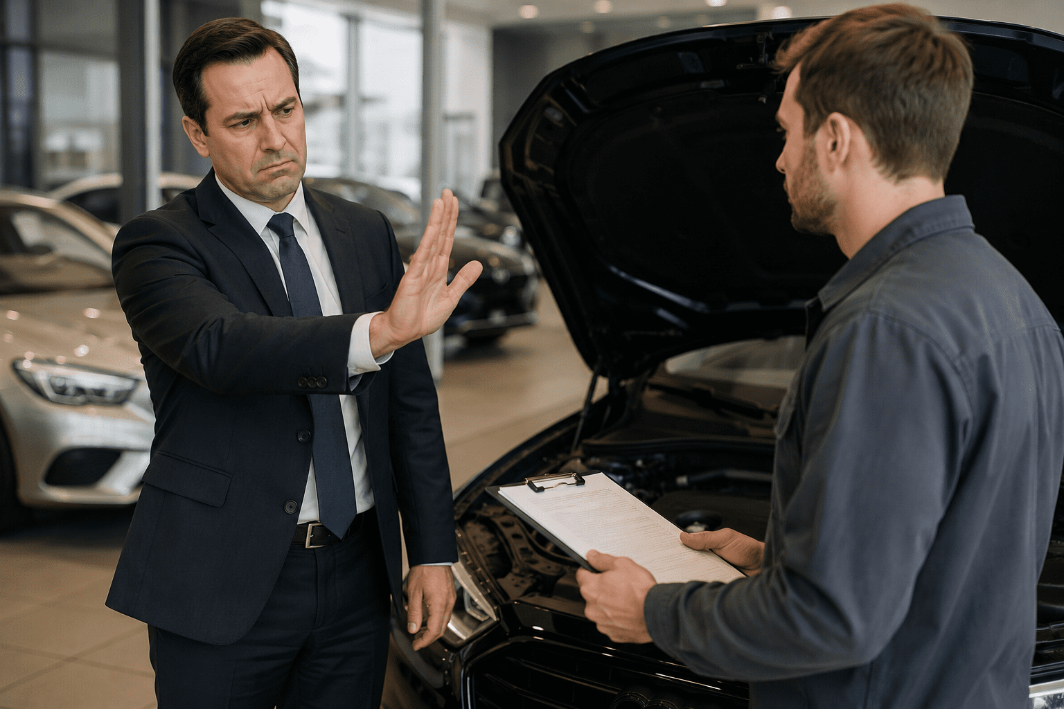 Vendeur automobile dans une salle d’exposition semblant refuser ou hésiter face à un inspecteur automobile tenant un rapport d’inspection devant un véhicule avec le capot ouvert.