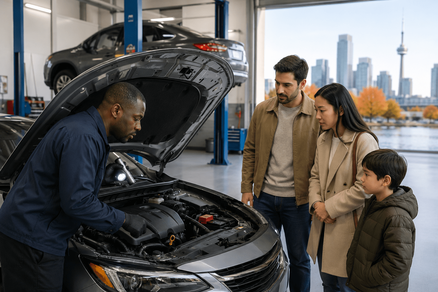 Mécanicien inspectant le moteur d’une voiture usagée devant une famille nouvellement arrivée au Canada dans un garage automobile moderne.