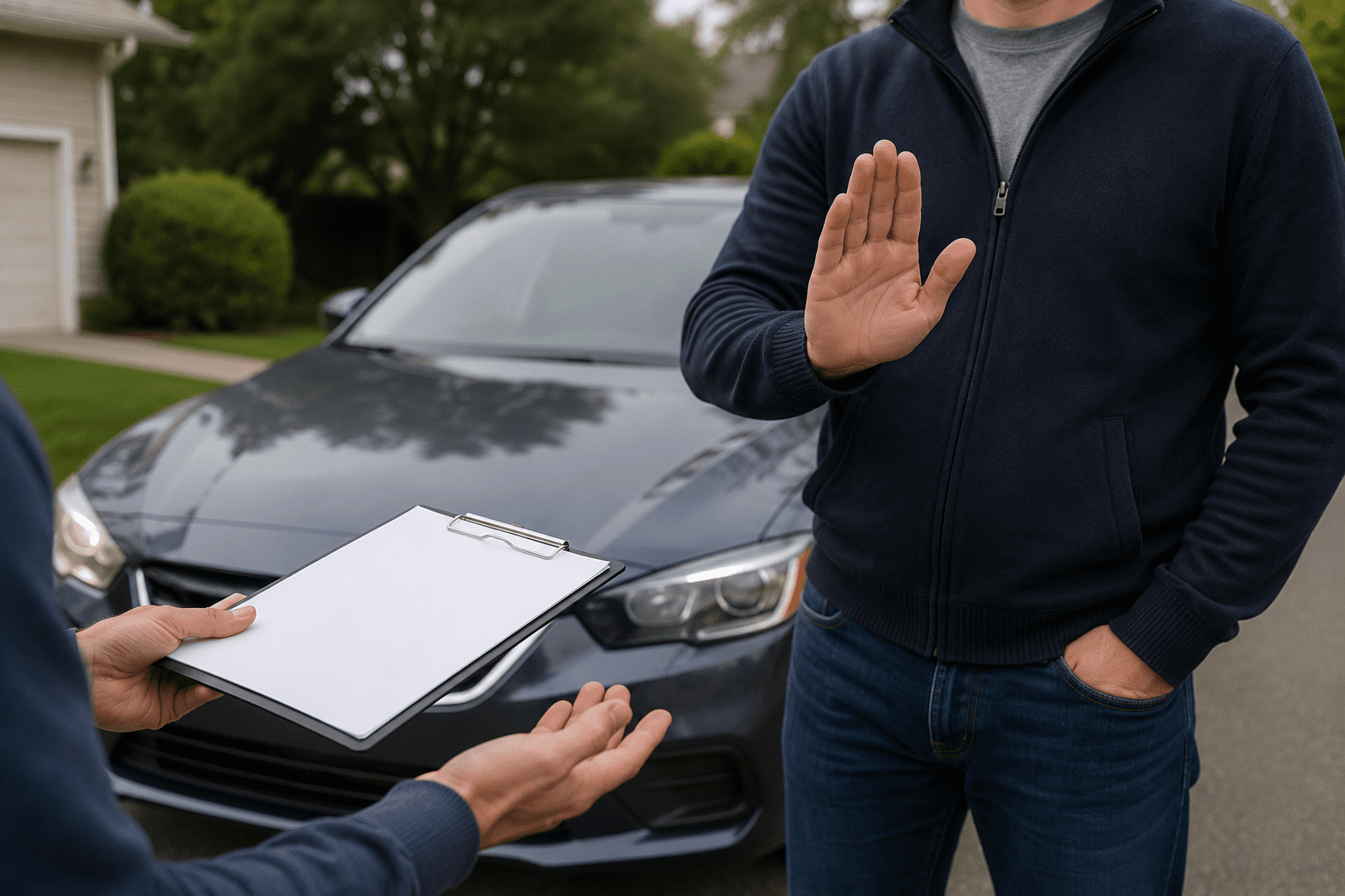 Exterior scene showing a car salesman refusing a pre-purchase inspection to a buyer holding a clipboard in front of a vehicle parked in a residential driveway.