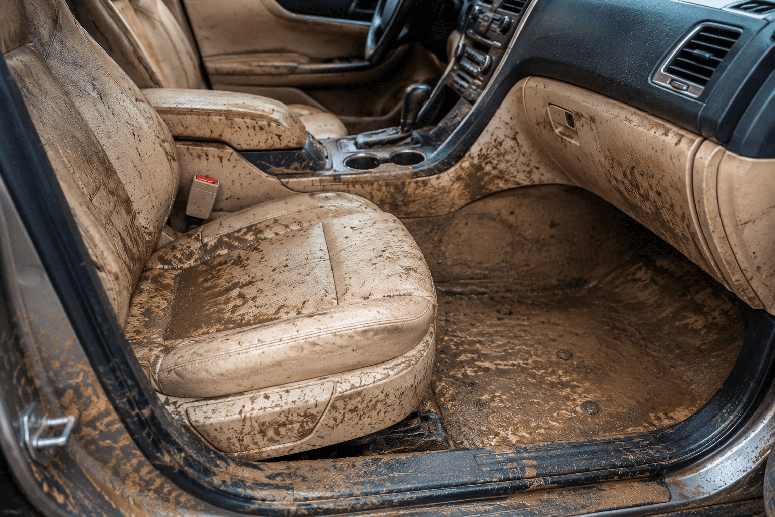 Intérieur d'une voiture fortement endommagée par une inondation, avec de la boue visible sur les sièges, le plancher et la console centrale.