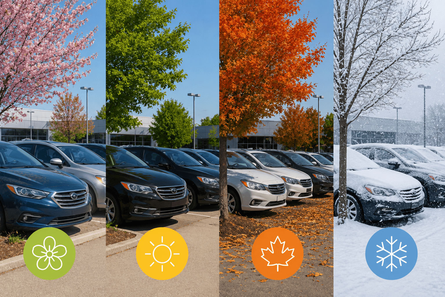 Stationnement de voitures usagées présenté à travers les quatre saisons au Québec : printemps, été, automne et hiver.