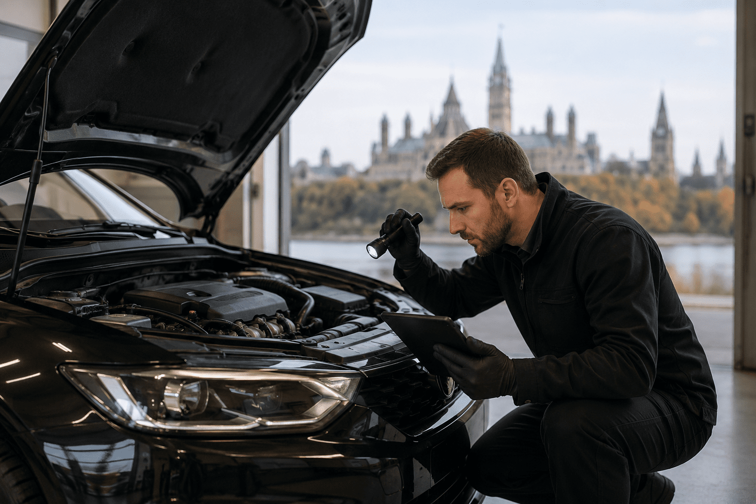 Professional mechanic performing a pre-purchase inspection on a used vehicle with the hood open, checking the engine using a flashlight and tablet in a modern garage.