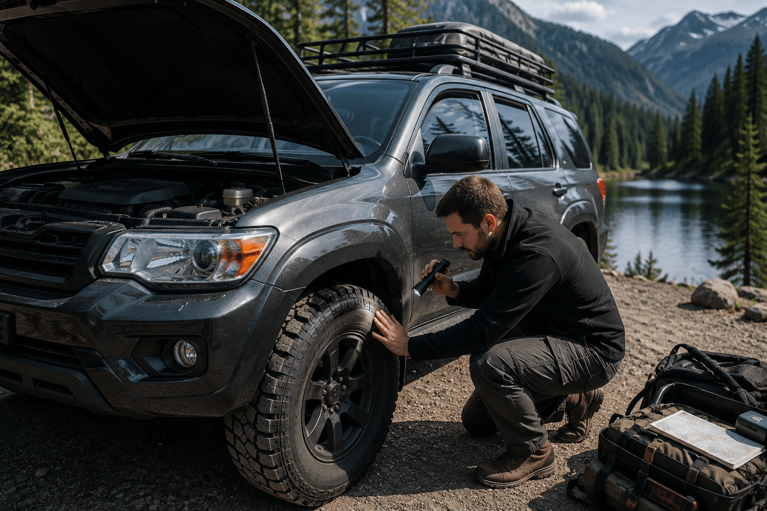 Technicien inspectant un VUS 4x4 usagé en pleine nature, vérifiant les pneus et les composants mécaniques avant un long voyage de vacances.