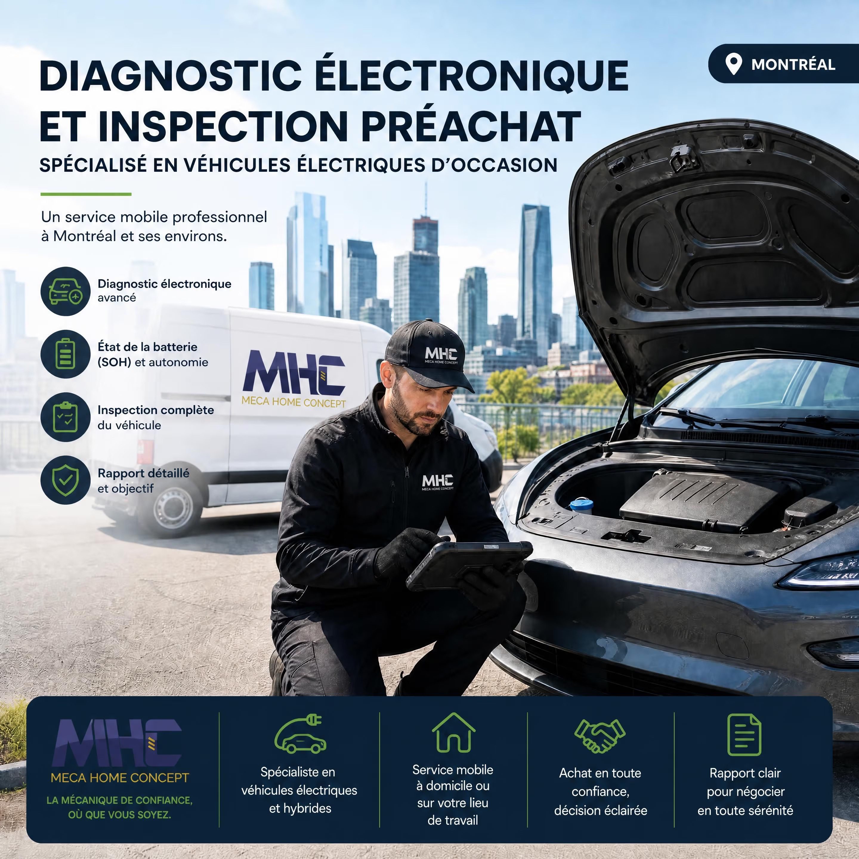Technicien Meca Home Concept effectuant un diagnostic électronique sur une voiture électrique lors d'une inspection préachat à Montréal
