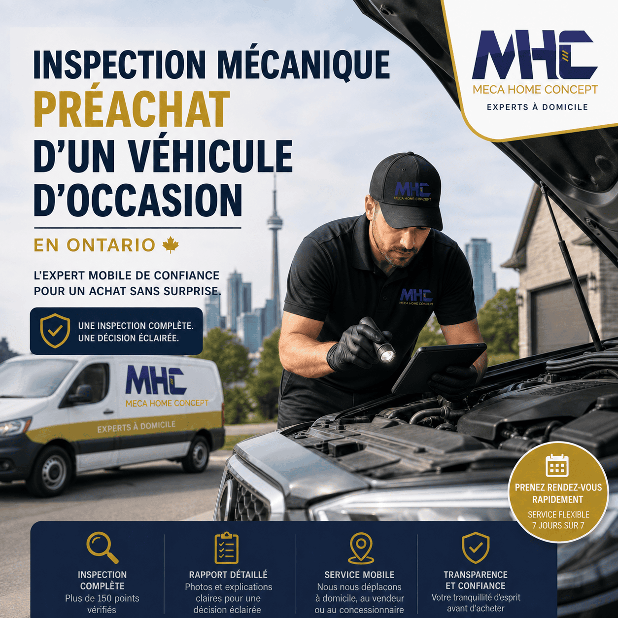 Meca Home Concept réalise une inspection mécanique préachat complète d’un véhicule d’occasion en Ontario, avec un mécanicien mobile examinant le moteur et les principaux composants du véhicule.
