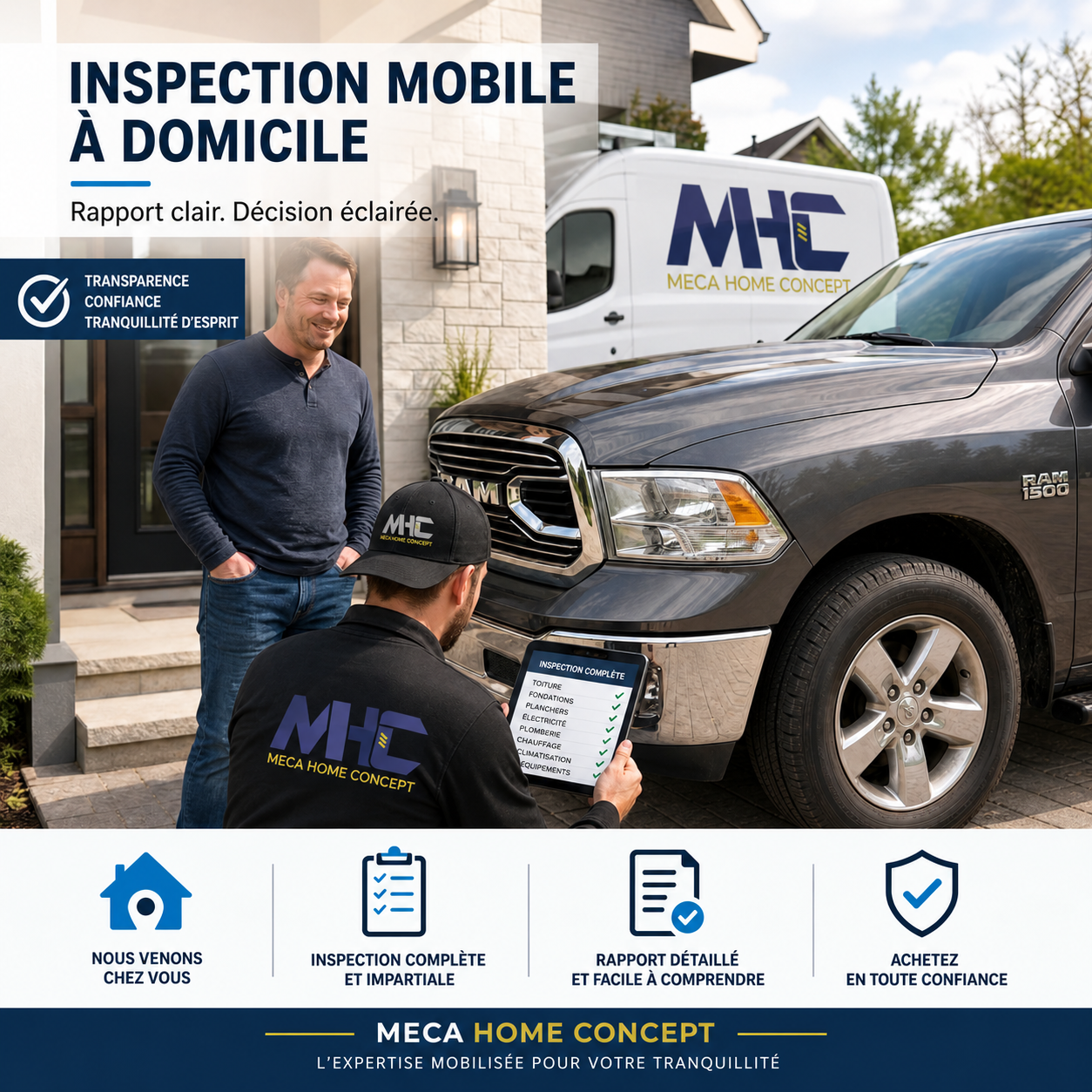 Inspecteur de Meca Home Concept effectuant une inspection mobile à domicile sur une camionnette Ram 1500 usagée dans l'entrée du vendeur