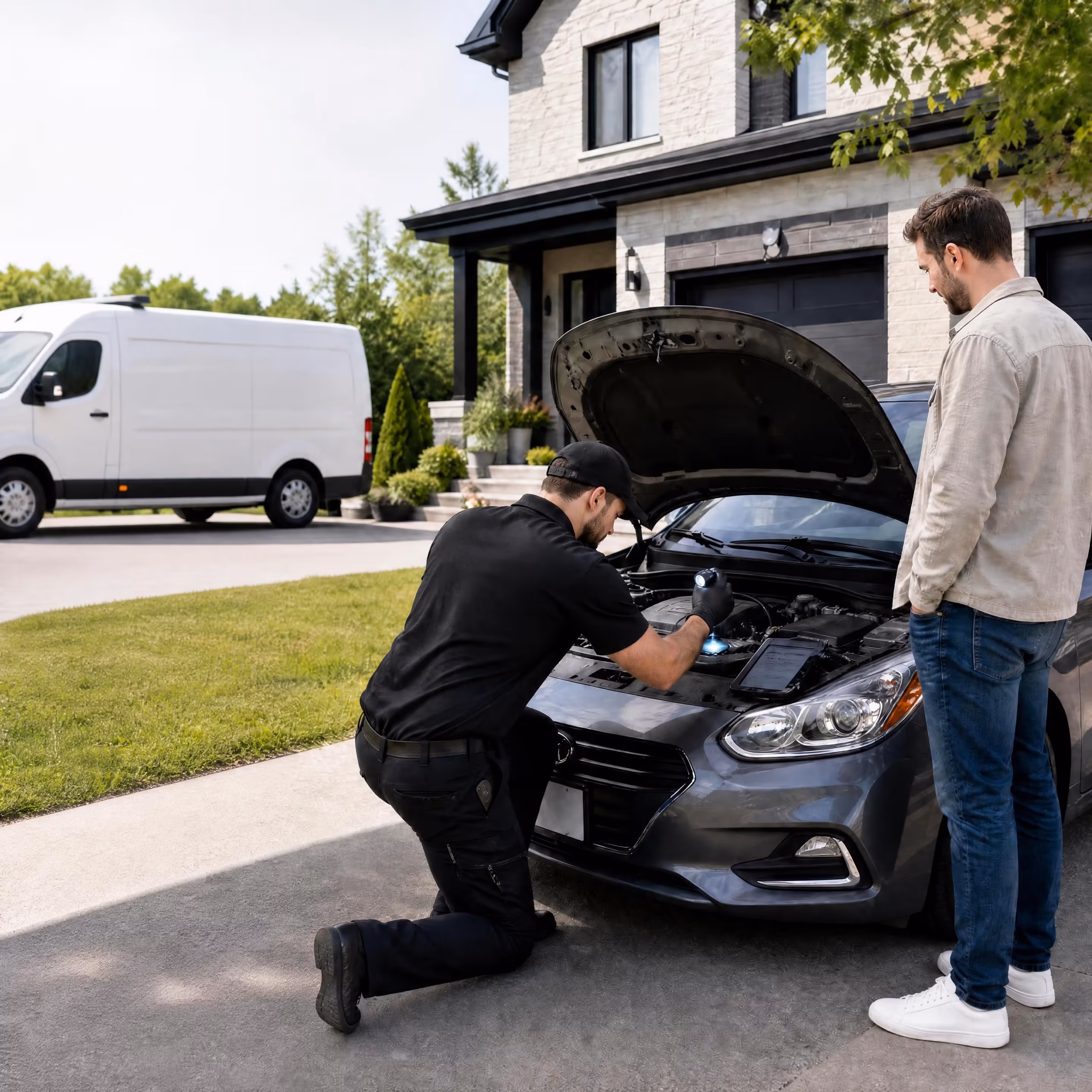 Mécanicien mobile Meca Home Concept réalisant une inspection prévente sur une voiture d'occasion à Montréal pour aider le vendeur à justifier son prix.